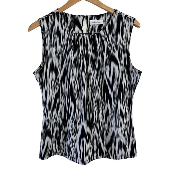 Calvin Klein Black and White Abstract Tank Top Blouse Size Large Sleeveless Work - Picture 1 of 7